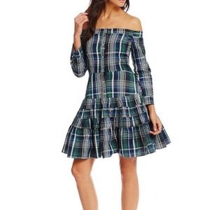 PLAID OFF THE SHOULDER PLEATED DRESS